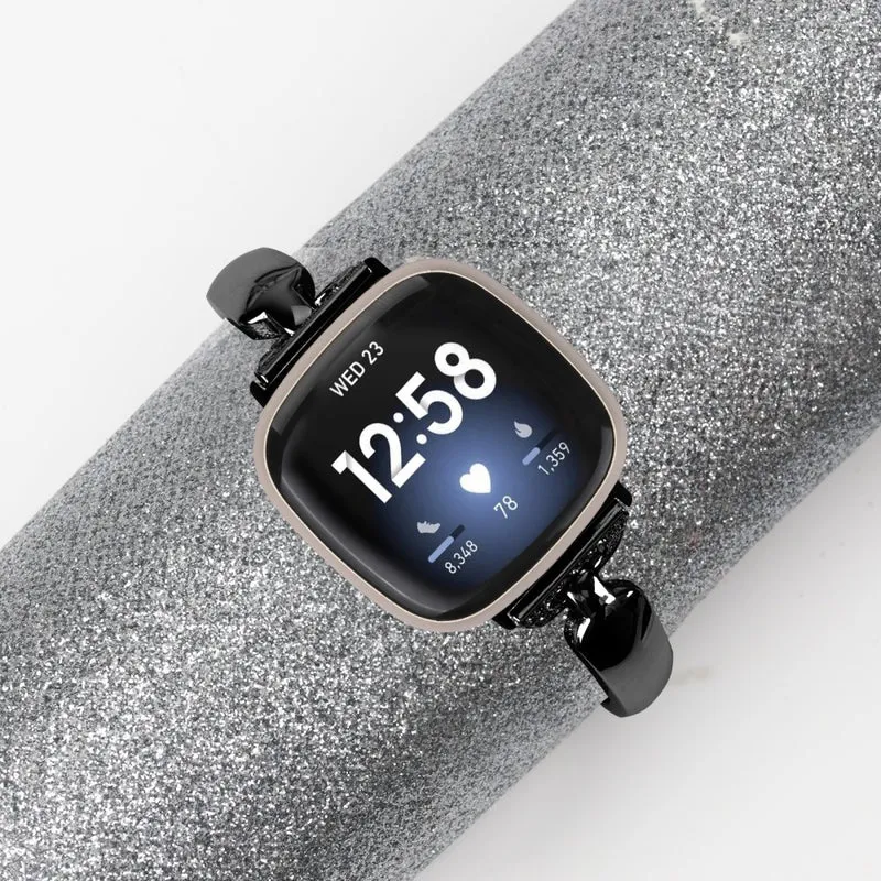 Copper Rhinestone D-Shape Bracelet Strap for Fitbit Versa 3/Sense Black