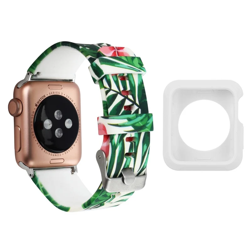 Apple Watch Series 3/2/1 42mm pattern silicone strap with white cover - Leaves and Pink Flower