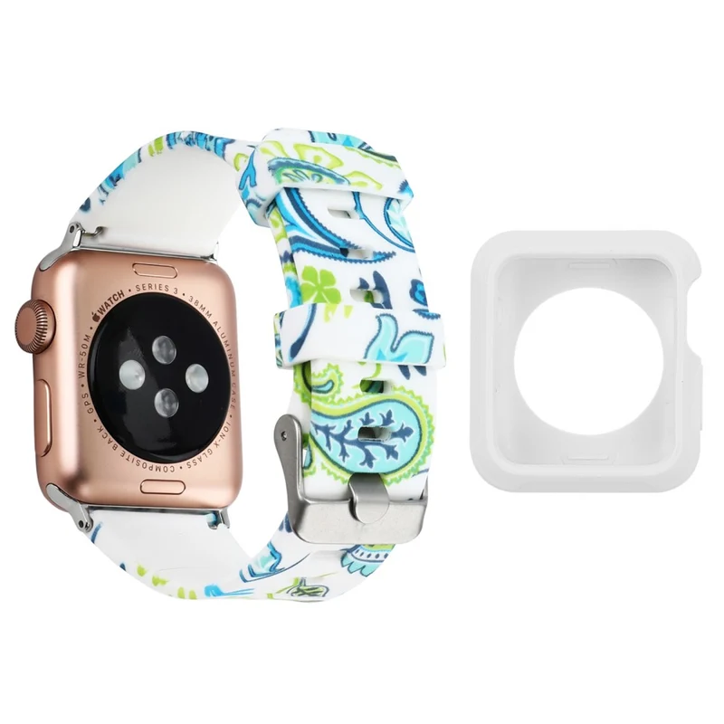 Apple Watch Series 3/2/1 42mm pattern silicone strap with white cover - Leaves and Pink Flower