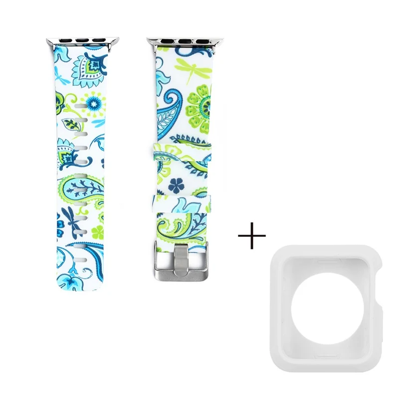 Apple Watch Series 3/2/1 42mm pattern silicone strap with white cover - Leaves and Pink Flower