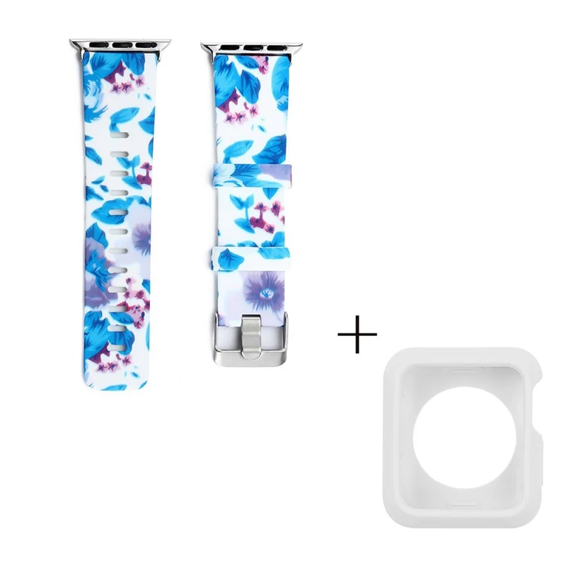 Apple Watch Series 3/2/1 42mm pattern silicone strap with white cover - Leaves and Pink Flower