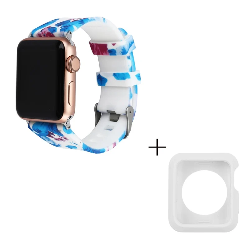 Apple Watch Series 3/2/1 42mm pattern silicone strap with white cover - Leaves and Pink Flower