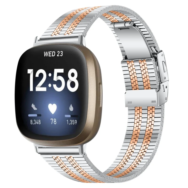 5 bead rhinestone stainless steel strap for Fitbit Sense 2 / Versa 4 - Silver / Rose Gold