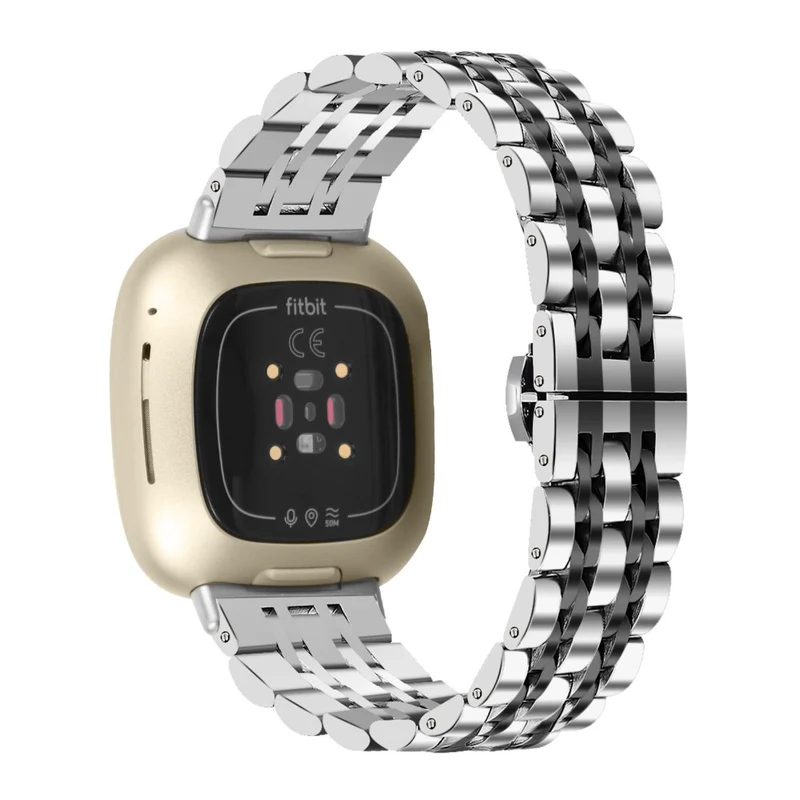 7 bead décor stainless steel strap for Fitbit Sense 2 / Versa 4 - Silver / Black