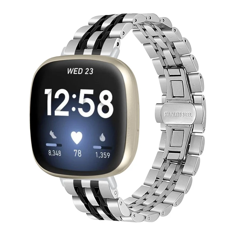 7 bead décor stainless steel strap for Fitbit Sense 2 / Versa 4 - Silver / Black