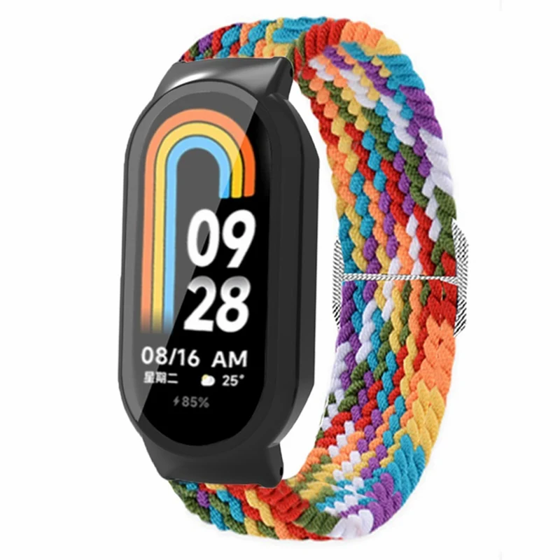 Xiaomi Smart Band 8 elastic nylon strap with cover and screen protector - Rainbow / Black Case