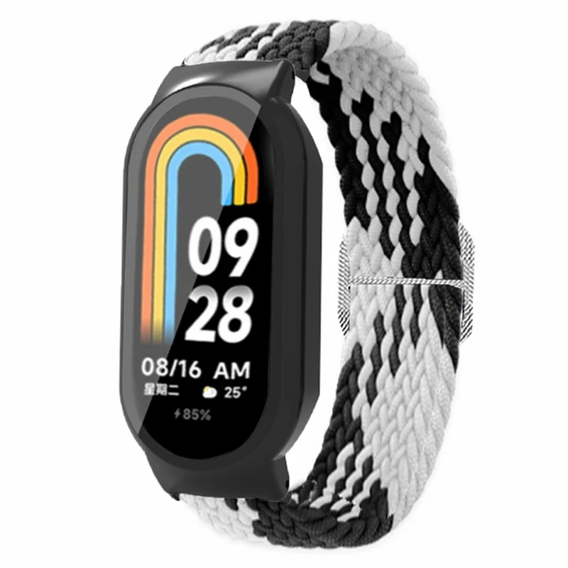Xiaomi Smart Band 8 elastic nylon strap with cover and screen protector - Rainbow / Black Case