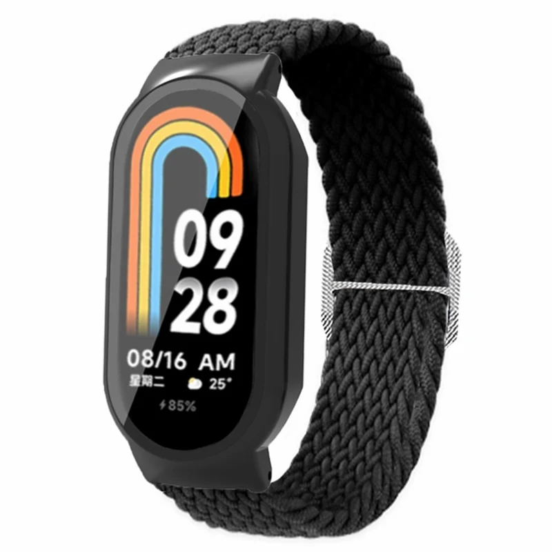 Xiaomi Smart Band 8 elastic nylon strap with cover and screen protector - Rainbow / Black Case