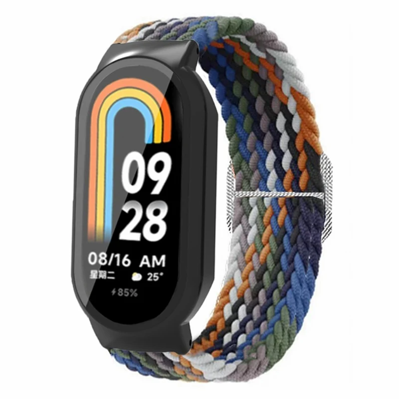 Xiaomi Smart Band 8 elastic nylon strap with cover and screen protector - Rainbow / Black Case