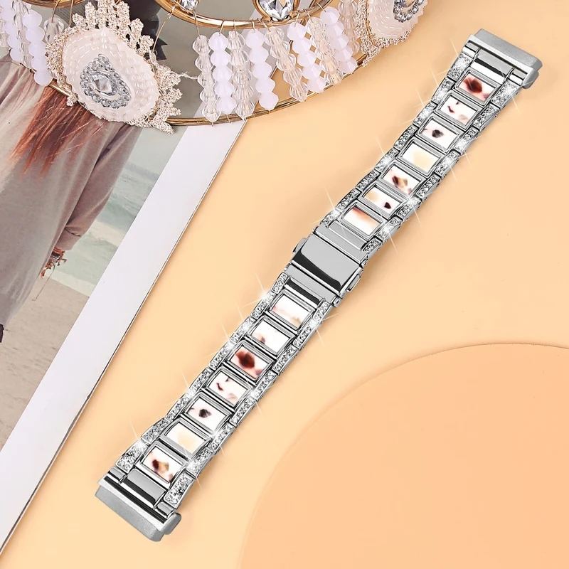 Fitbit Sense 2 / Versa 4 resin adorned stainless steel strap - Silver / Nougat Pattern
