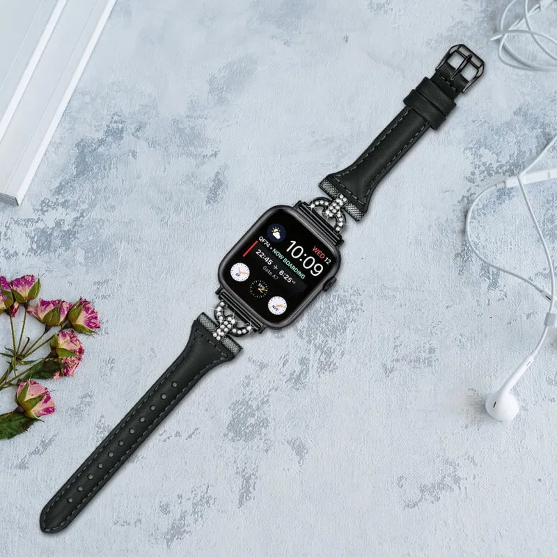Apple Watch Series 8 (45mm) / Watch Ultra Genuine leather rhinestone décor strap with black buckle