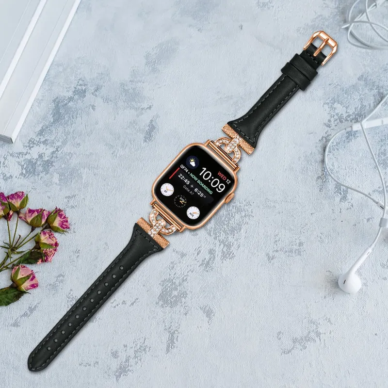 Apple Watch Series 8 (45mm) / Watch Ultra Genuine leather rhinestone décor strap with black buckle