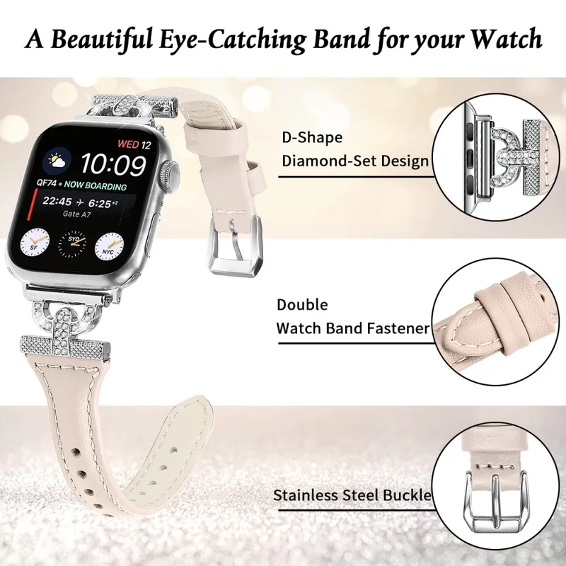 Apple Watch Series 8 (41mm) Genuine leather rhinestone décor strap with silver buckle