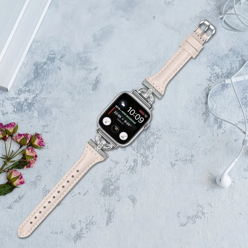 Apple Watch Series 8 (41mm) Genuine leather rhinestone décor strap with silver buckle