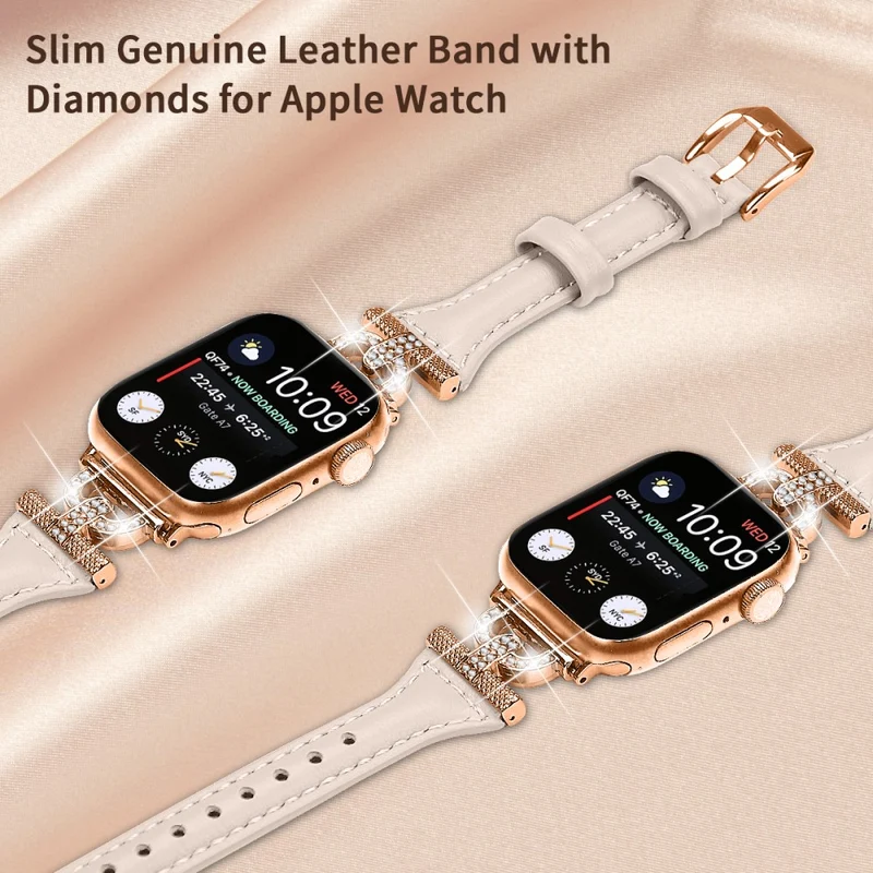 Apple Watch Series 8 (41mm) Genuine leather rhinestone décor strap with rose gold buckle - Apricot