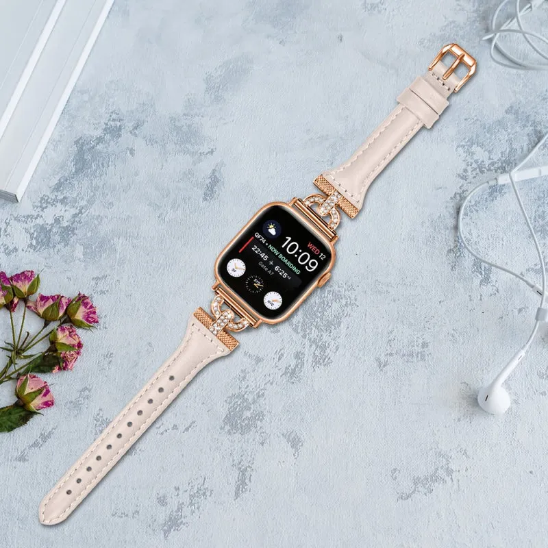 Apple Watch Series 8 (41mm) Genuine leather rhinestone décor strap with rose gold buckle - Apricot