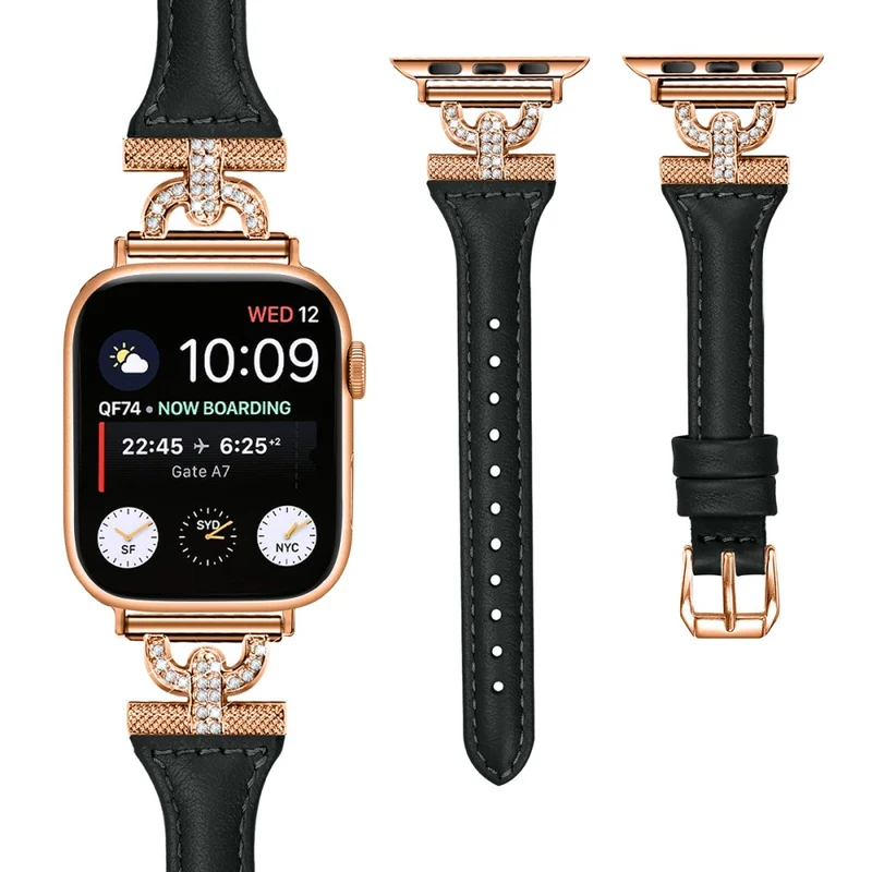 Apple Watch Series 8 (41mm) Genuine leather rhinestone décor strap with rose gold buckle - Apricot