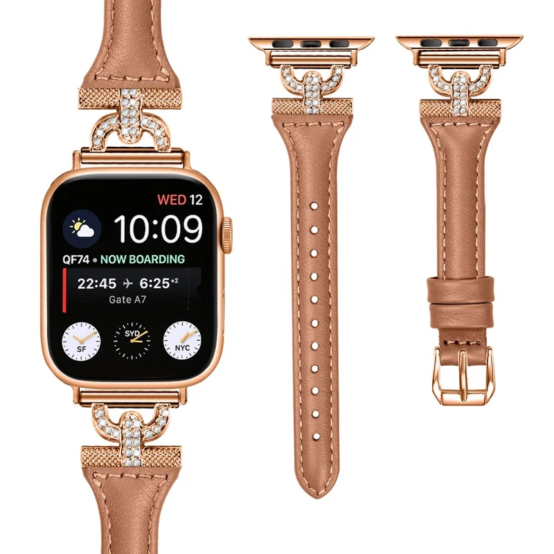 Apple Watch Series 8 (41mm) Genuine leather rhinestone décor strap with rose gold buckle - Apricot