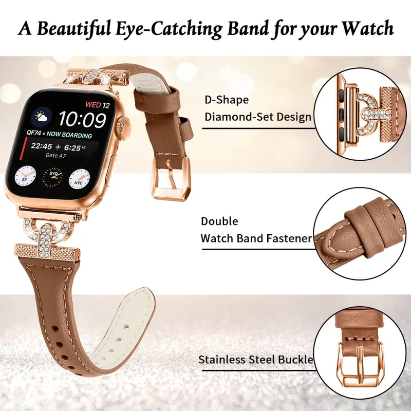 Apple Watch Series 8 (41mm) Genuine leather rhinestone décor strap with rose gold buckle - Apricot