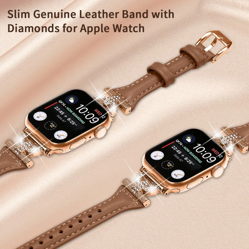 Apple Watch Series 8 (41mm) Genuine leather rhinestone décor strap with rose gold buckle - Apricot