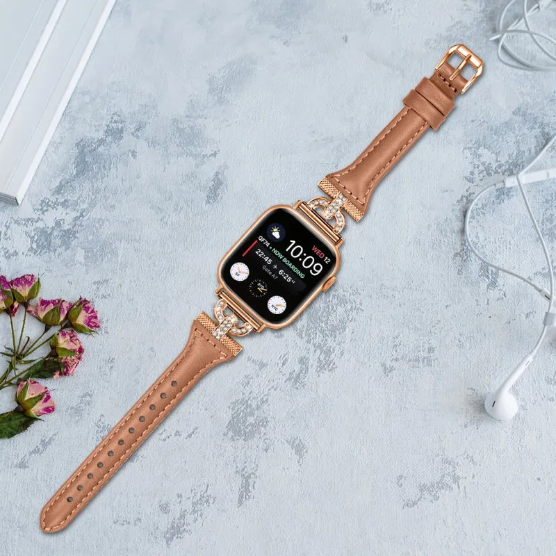 Apple Watch Series 8 (41mm) Genuine leather rhinestone décor strap with rose gold buckle - Apricot