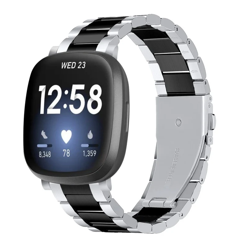 3 bead style stainless steel strap for Fitbit Sense 2 / Versa 4 - Silver / Black