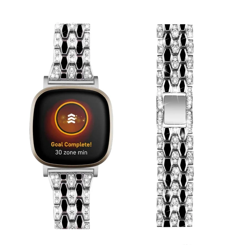 Fitbit Sense 2 / Versa 4 rhinestone alloy metal strap - Black / White
