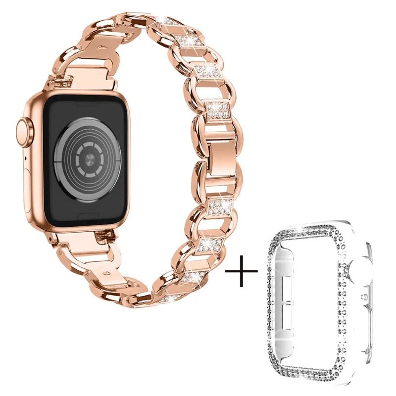 Apple Watch Series 8 (41mm) rhinestone décor alloy strap with cover - Rose Gold