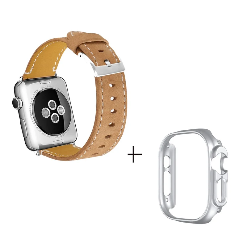 Apple Watch Ultra Genuine leather strap with silver cover - Coffee
