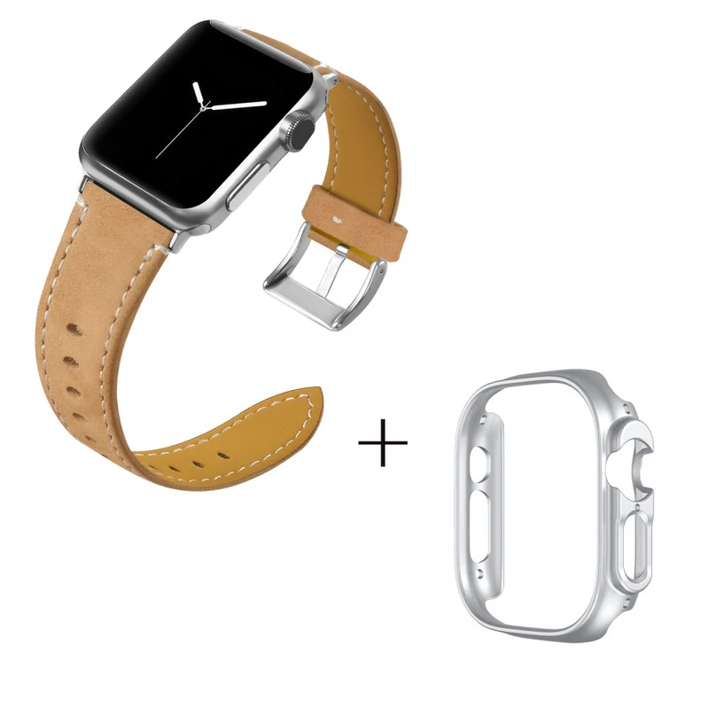 Apple Watch Ultra Genuine leather strap with silver cover - Coffee