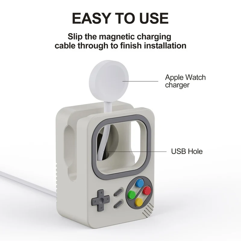 Retro game style silicone Apple Watch charger holder