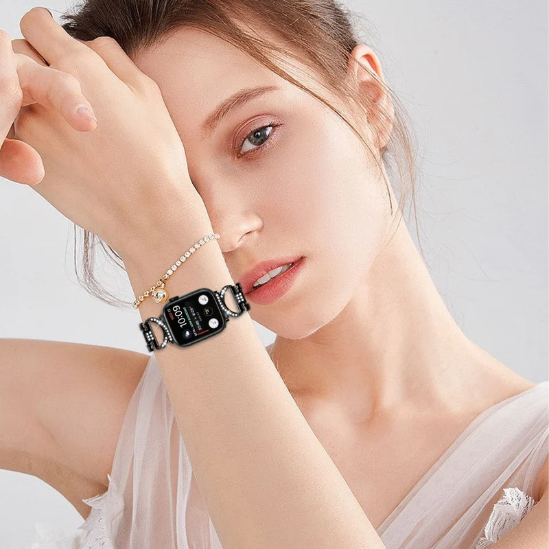 Apple Watch Series 8 (41mm) X-Shape rhinestone décor metal strap with clear cover