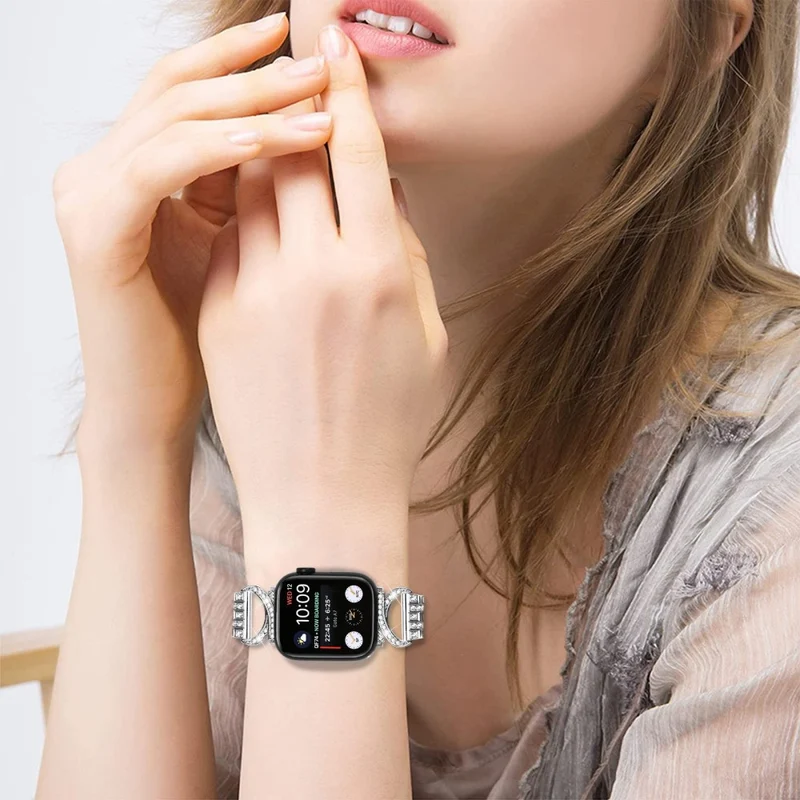 Apple Watch Ultra rhinestone décor 5-bead metal strap with cover