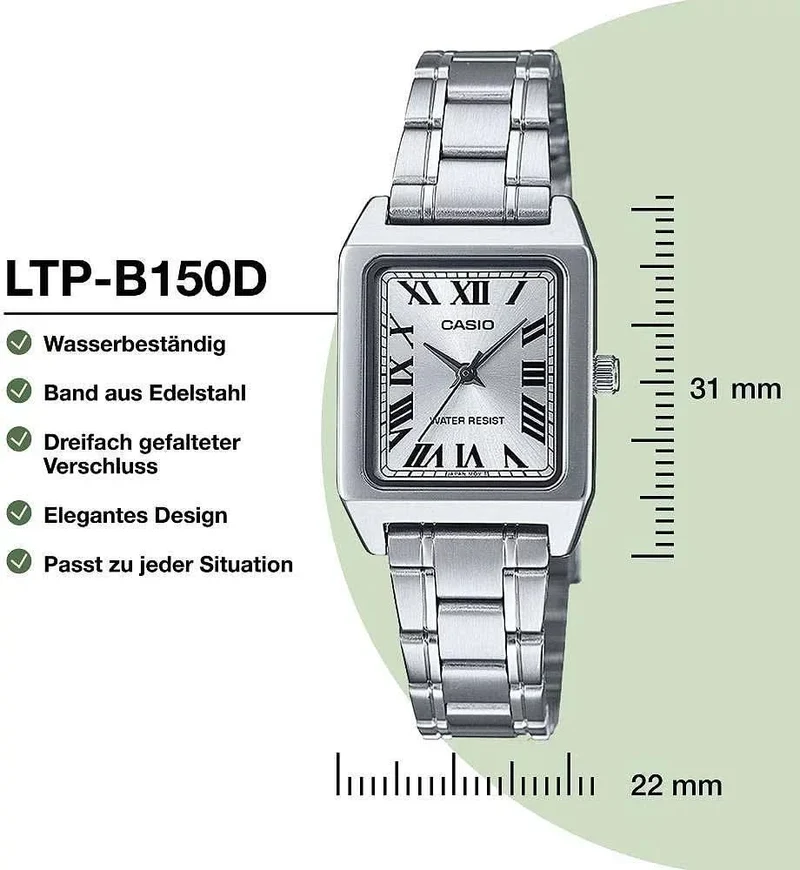 Casio Collection LTP-B150D-7BEF Damenuhr • Kultiges Retro-Design • Eleganter Edelstahl-Look