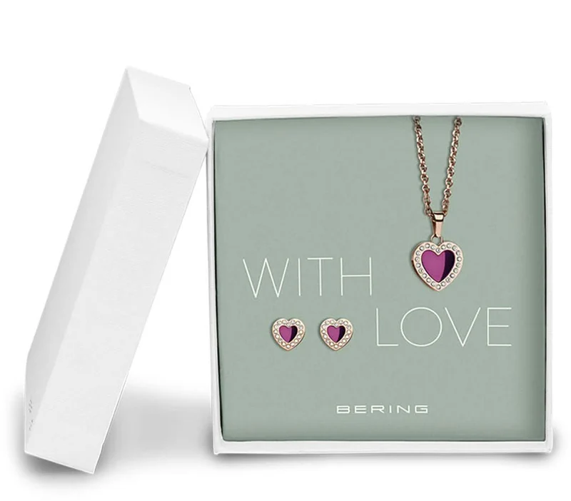 Halskette mit Herz Anhänger und Herz Ohrringe - Bering Jewelry Modell: 428-712-Purple