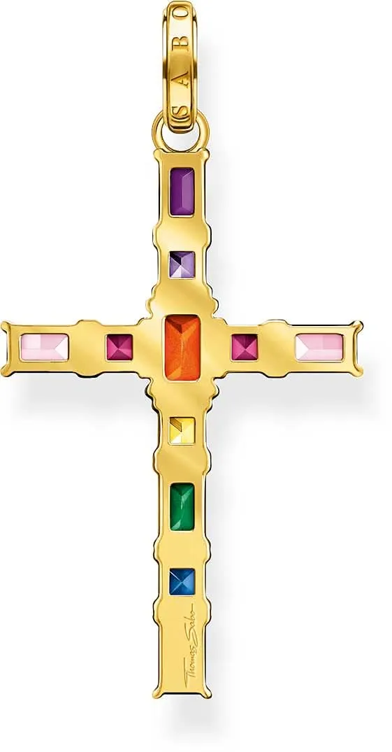 Anhänger Kreuz mit bunten Steinen - 750 Gelbgold Vergoldung