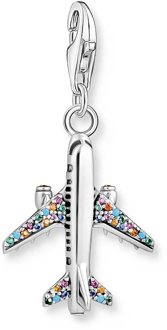 Charm Anhänger 3D Flugzeug mit bunten Steinen - 925 Sterlingsilber