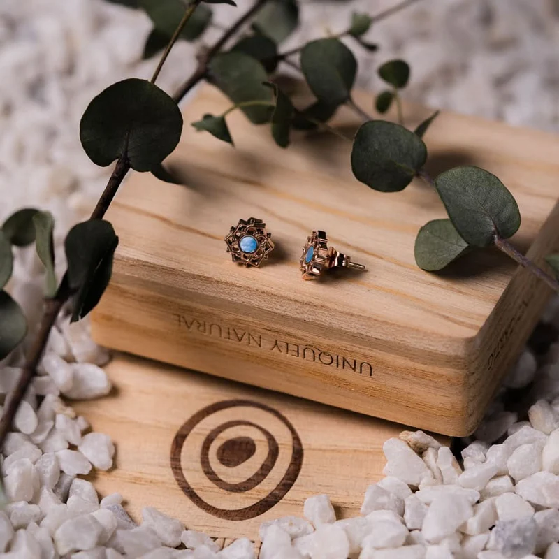 Composition Ohrringe mit blauem Perlmutt - Holzkern Modell: Jewelry
