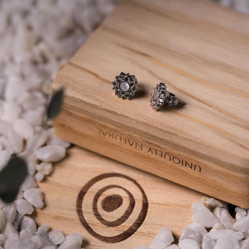 Composition Ohrringe mit weissem Perlmutt Holzkern Modell Jewelry