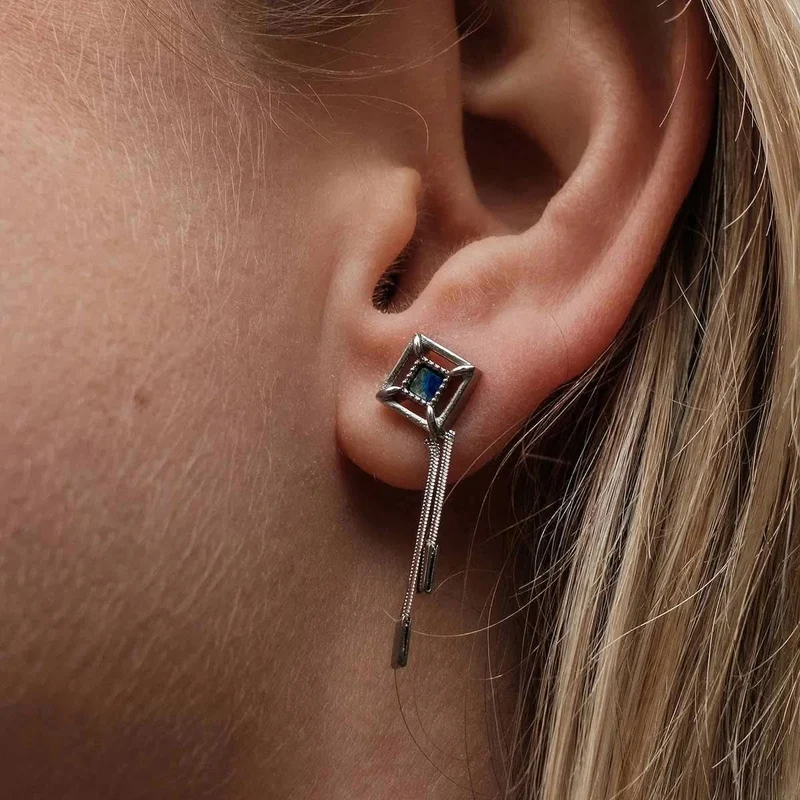 Awakening Ohrringe (Lapislazuli/Silber) Ohrstecker mit Ketten Anhänger - Holzkern Modell: Jewelry