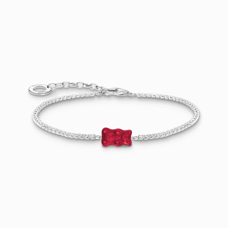 Tennisarmband mit weißen Zirkoniasteinchen und rotem Goldbärenglasstein - Thomas Sabo Modell: A2187-052-10-L19V