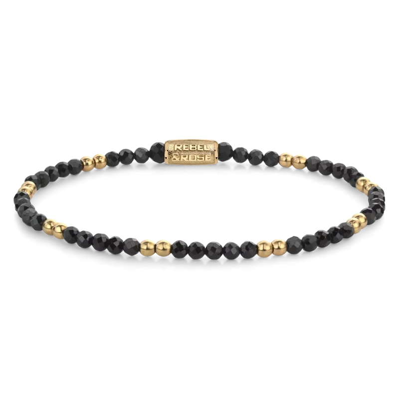 Armband aus schwarzen und goldfarbenen Edelsteinen mit Edelstahlverschluss - Rebel&Rose Modell: RR-30004-G-M