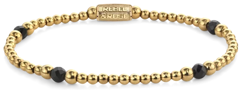 Armband aus 4mm facettierten Black Spinel Perlen, 3 und 4mm großen, goldplattierten Edelstahlsteinchen und Edelstahlverschluss - Rebel&Rose Modell: RR-40151-G-M