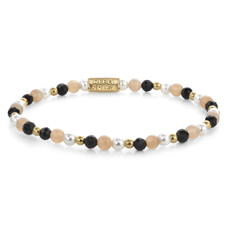 Armband aus 4mm Steinen (Schwarzer Spinell, Muschelperle, Sonnenstein, goldfarbene Steine) und Edelstahlverschluss - Rebel&Rose Modell: RR-40154-G-S
