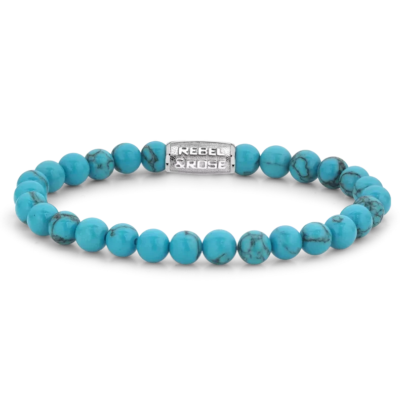 Armband aus 6mm Turqurenit-Edelsteinen mit Edelstahlverschluss - Rebel&Rose Modell: RR-60015-S-L