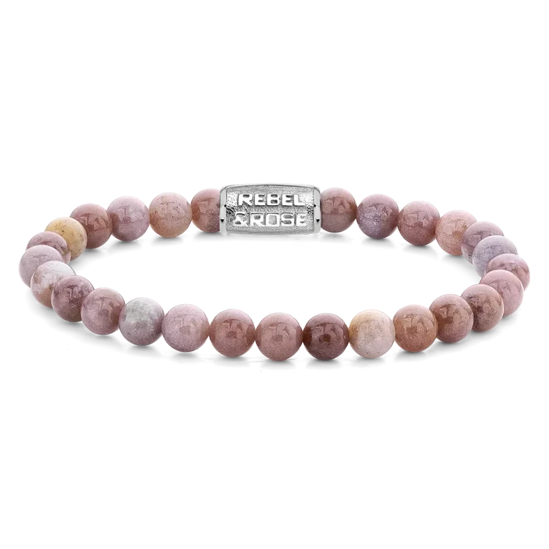 Armband aus 6mm Rhodonit-Edelsteinen mit Edelstahlverschluss - Rebel&Rose Modell: RR-60038-S-S