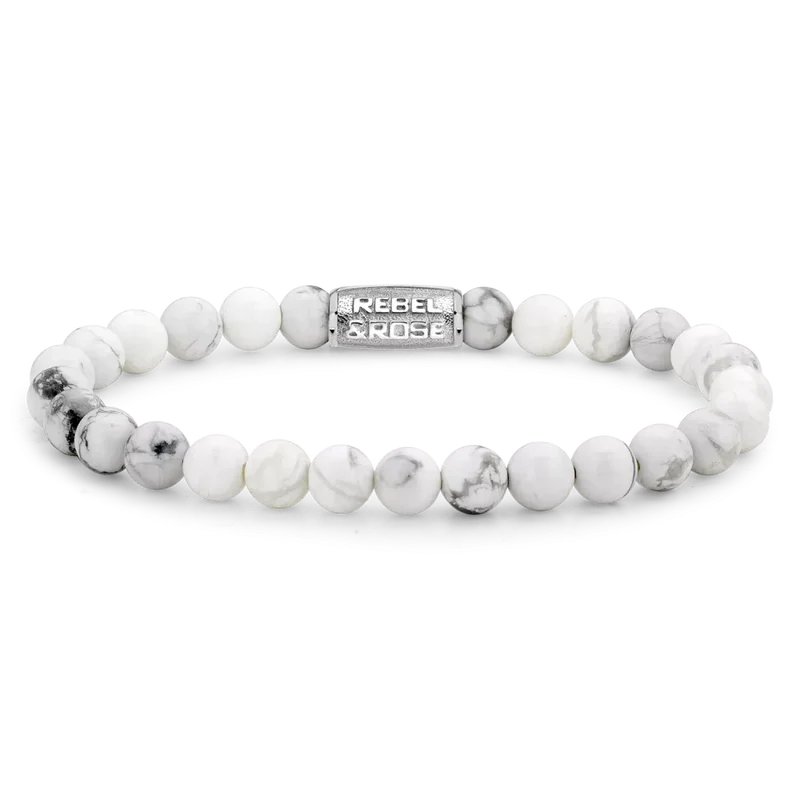 Armband aus 6mm Edelsteinen in Weiß mit Edelstahlverschluss - Rebel&Rose Modell: RR-60016-S-S