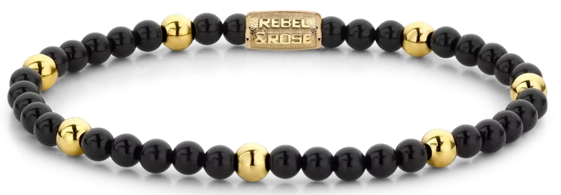Armband aus schwarzen und goldfarbenen Edelsteinen mit Edelstahlverschluss - Rebel&Rose Modell: RR-40043-G-S
