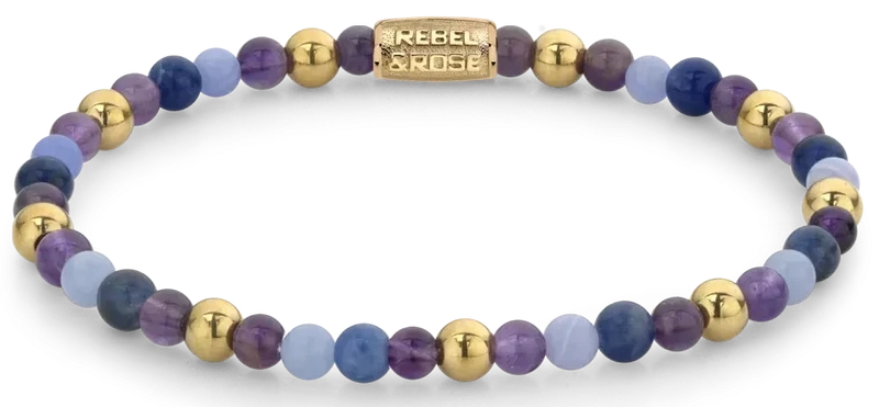 Armband aus Edelsteinen in Lila, Violett und Gold mit Edelstahlverschluss - Rebel&Rose Modell: RR-40064-G-M