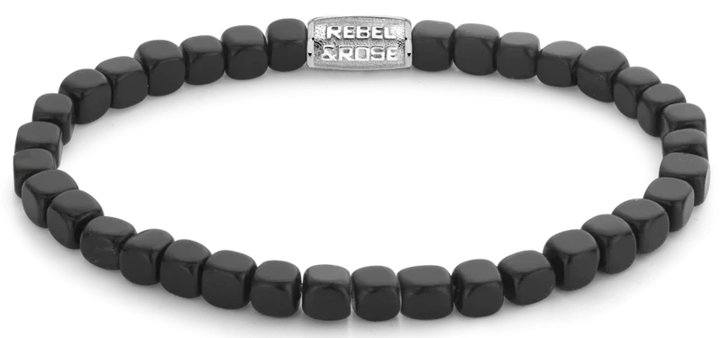 Schwarzes Armband aus Würfelförmigem Blackstone mit Edelstahlverschluss - Rebel&Rose Modell: RR-40079-S-L